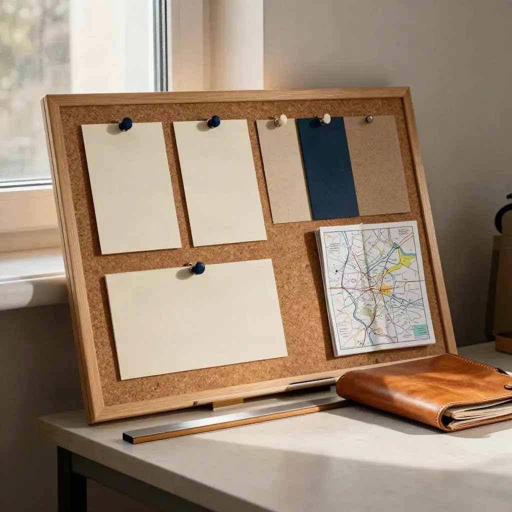 Corkboard workshop result with blank cards, colour tokens, folded maps and leather portfolio in warm studio light