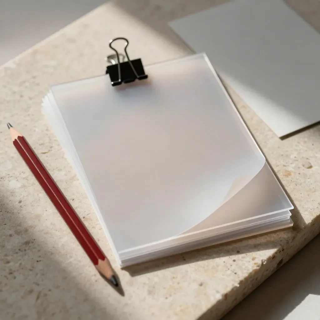 Top-down flatlay of acetate proofs, a red pencil, and a black clip on warm limestone