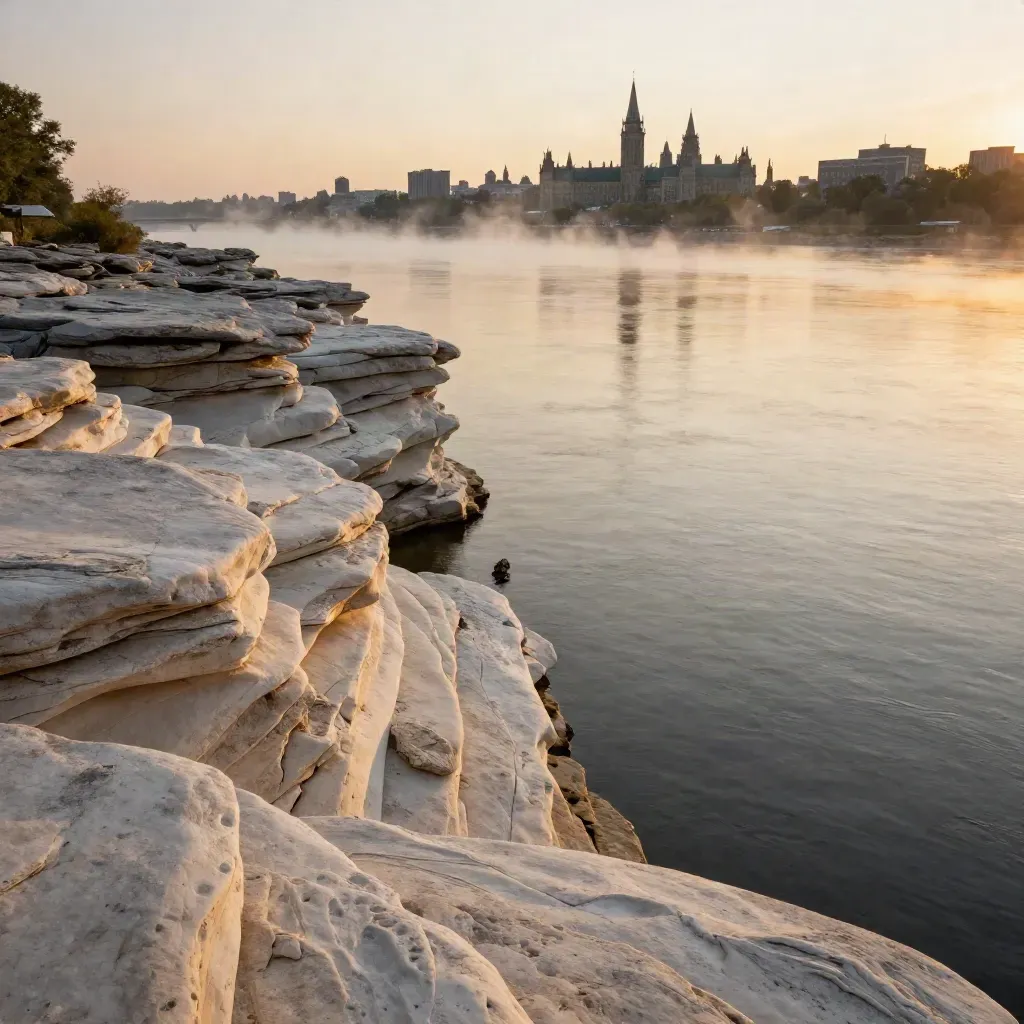 Ottawa Valley riverbanks, misty river, Parliament silhouette high above